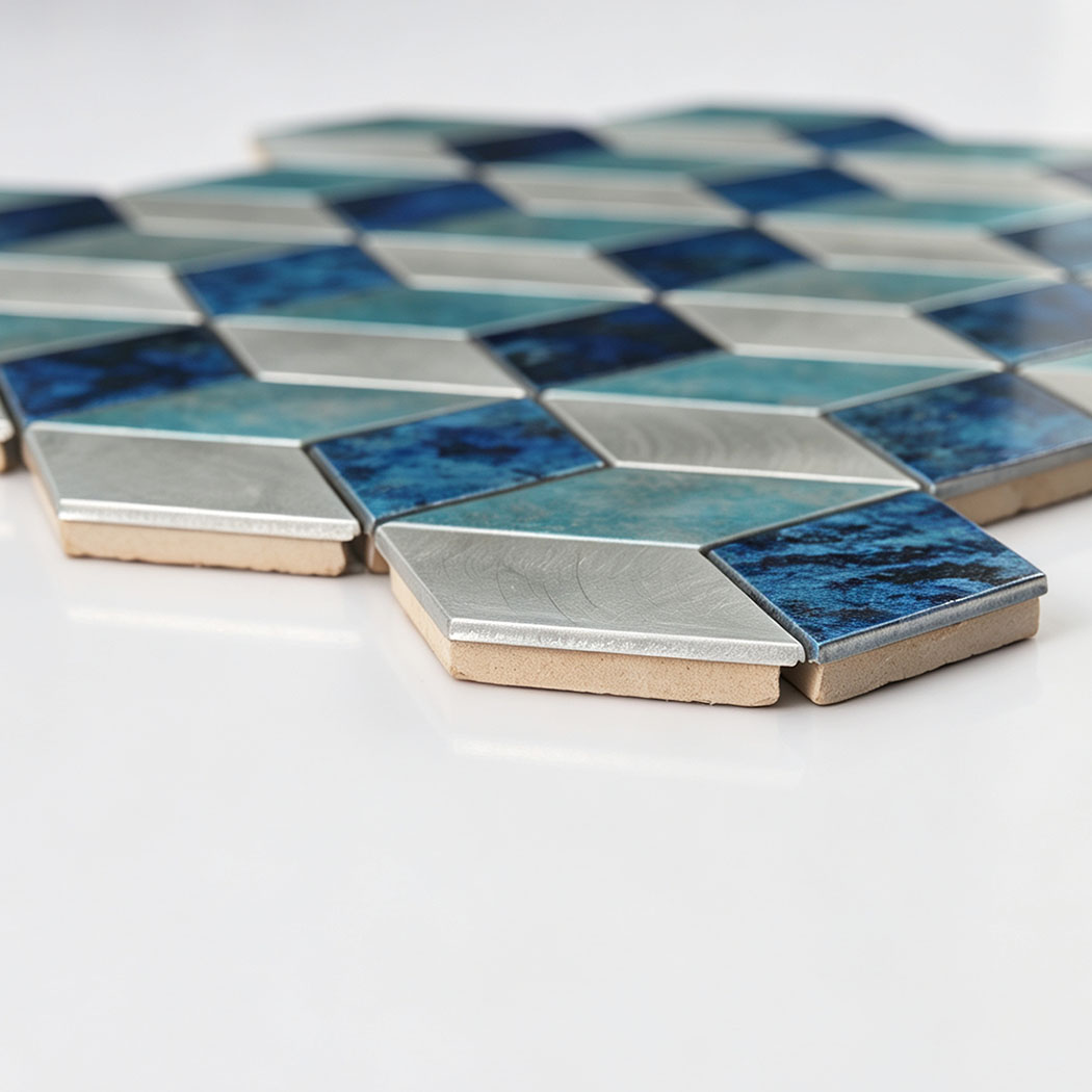Angled view showing the thickness of blue turquoise and silver aluminum mosaic tile