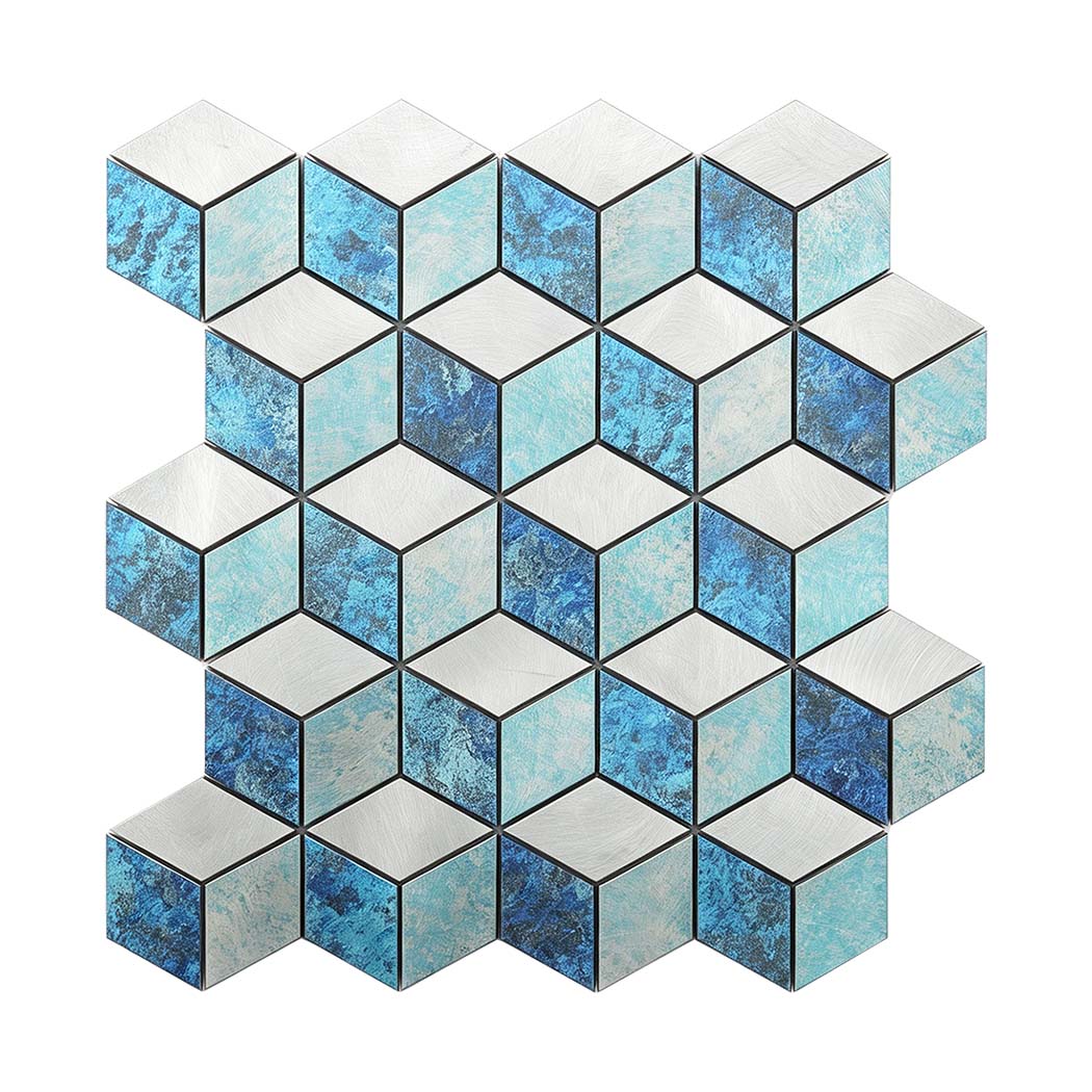 Blue turquoise and silver aluminum mosaic tile in a repeating hexagon pattern
