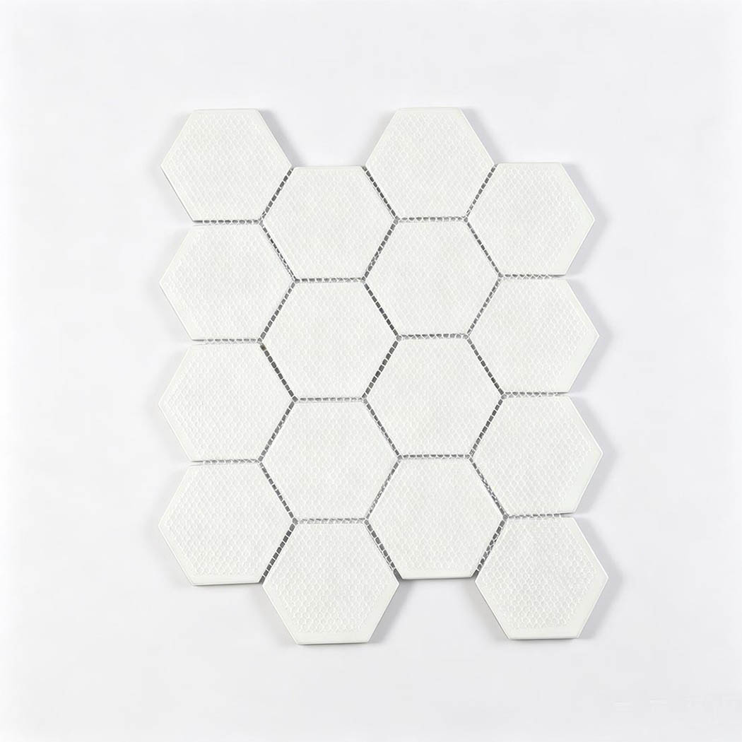 Back view of blue white hexagon glass mosaic sheet with mesh mounted backing