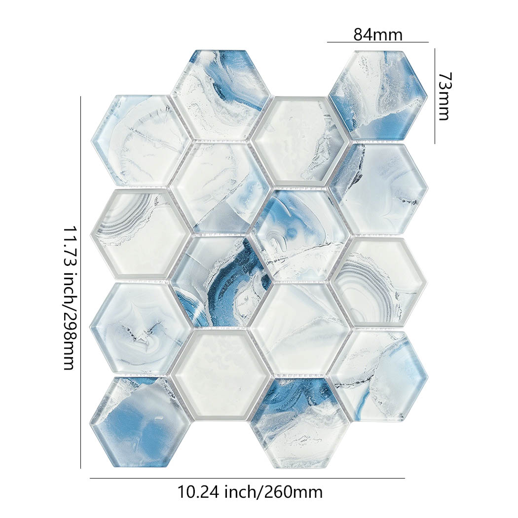 Blue white hexagon glass mosaic sheet with silver glass frames and size marks