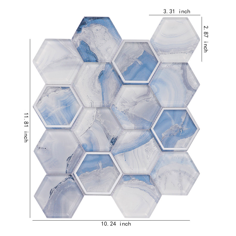 Blue and white hexagon glass mosaic wall tile sheet with size measurements in inches