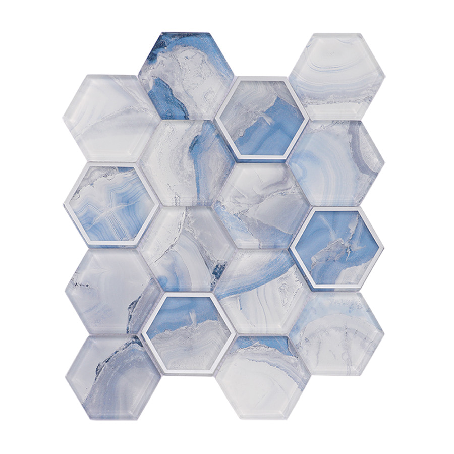 Front view of blue and white hexagon glass mosaic tile sheet with marble pattern