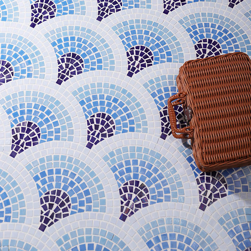 Blue white purple mosaic tile in fan pattern for floor design