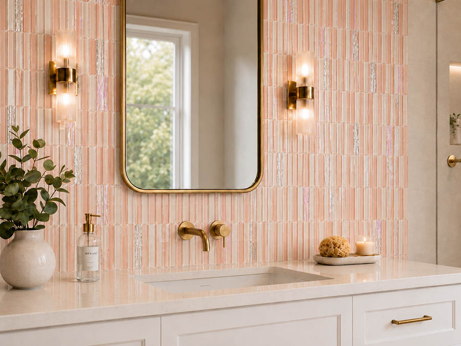 Blush pink vertical glass tile bathroom wall with brass fixtures and white vanity