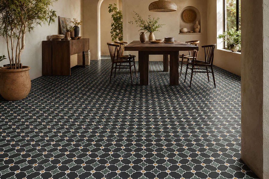 Bohemian floor tiles with dark floral stone mosaic in a rustic dining room