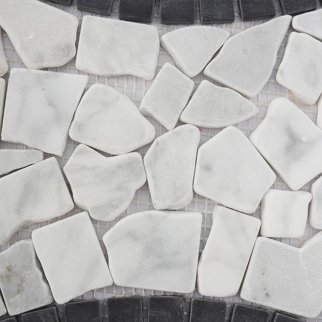 Detailed white irregular marble pebble mosaic with dark charcoal border tiles