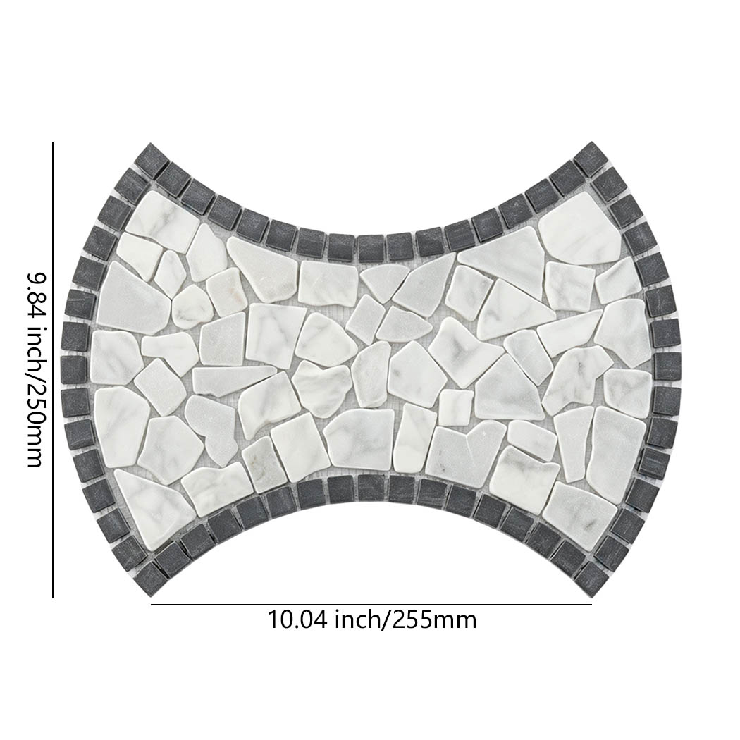 Bow tie shaped marble pebble mosaic tile with dark border, 10.04 by 9.84 inches