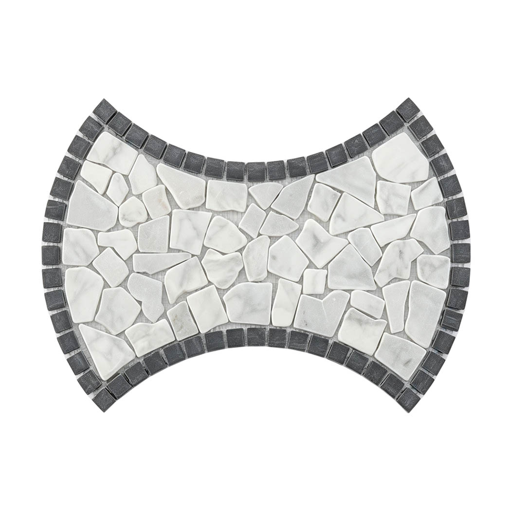 Bow tie shaped white marble pebble mosaic tile with a dark charcoal border