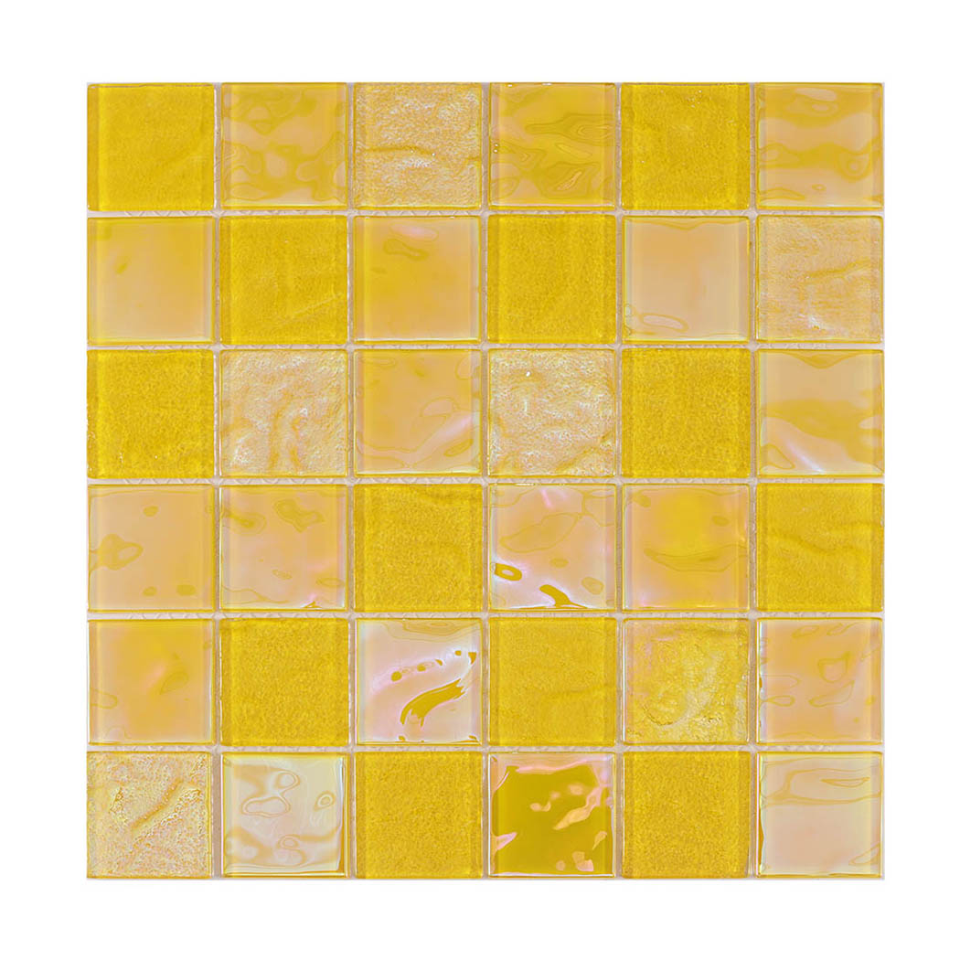 Full sheet of bright yellow iridescent square glass mosaic tiles with mixed finishes