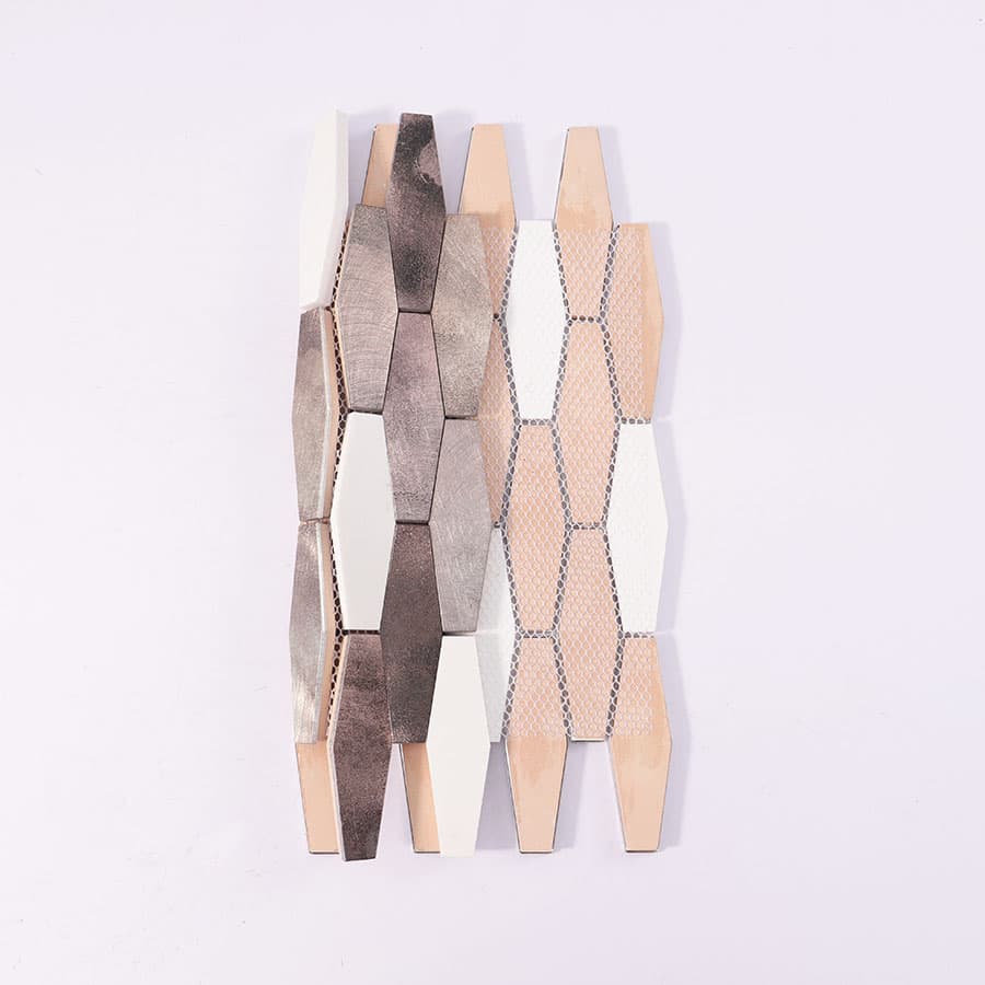 Mesh backing of bronze tone diamond aluminum mosaic tile