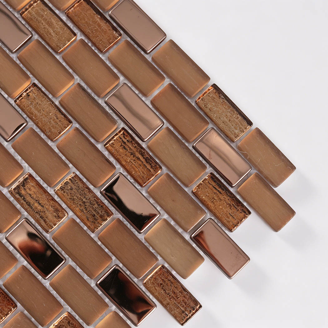Angled close-up of bronze brown rectangular glass mosaic with glossy textured chips