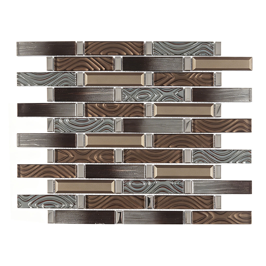 Bronze brown and gray glass linear mosaic tile sheet in staggered strip pattern