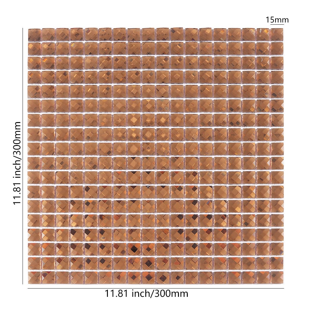 Bronze crystal mirror glass mosaic square tile sheet showing dimensions 11.81 inches by 300mm.