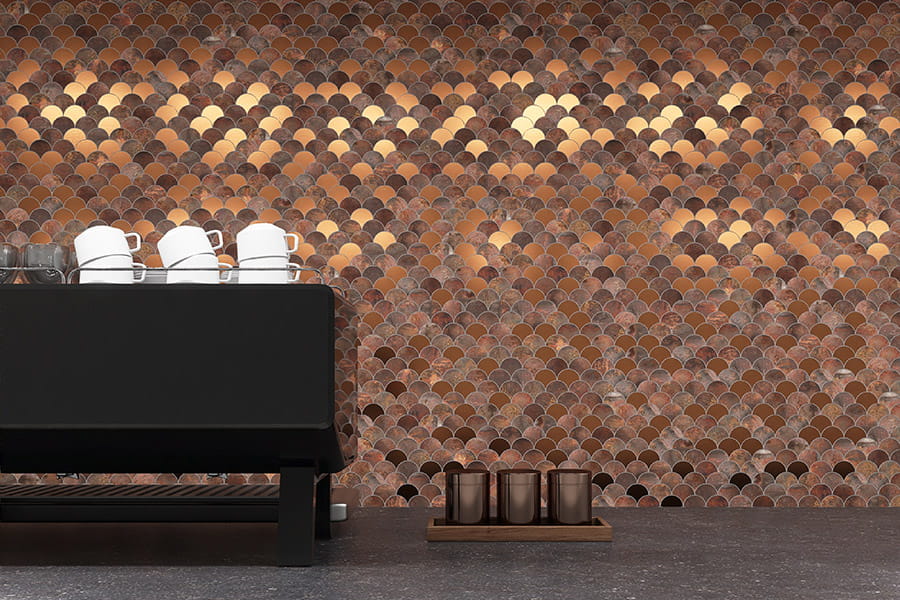 Bronze and marble metal fish scale tiles for café wall décor