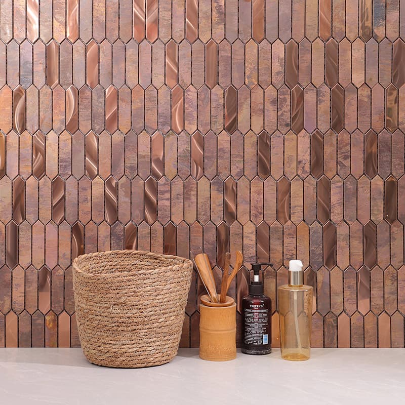 Bronze picket tile backsplash with natural decor and kitchen items