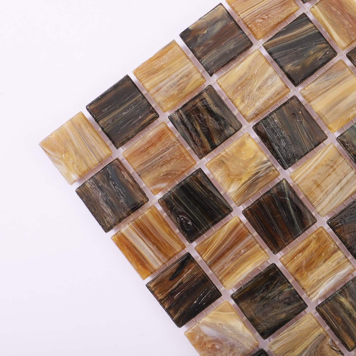 Close-up of corner details of brown checkered glass mosaic