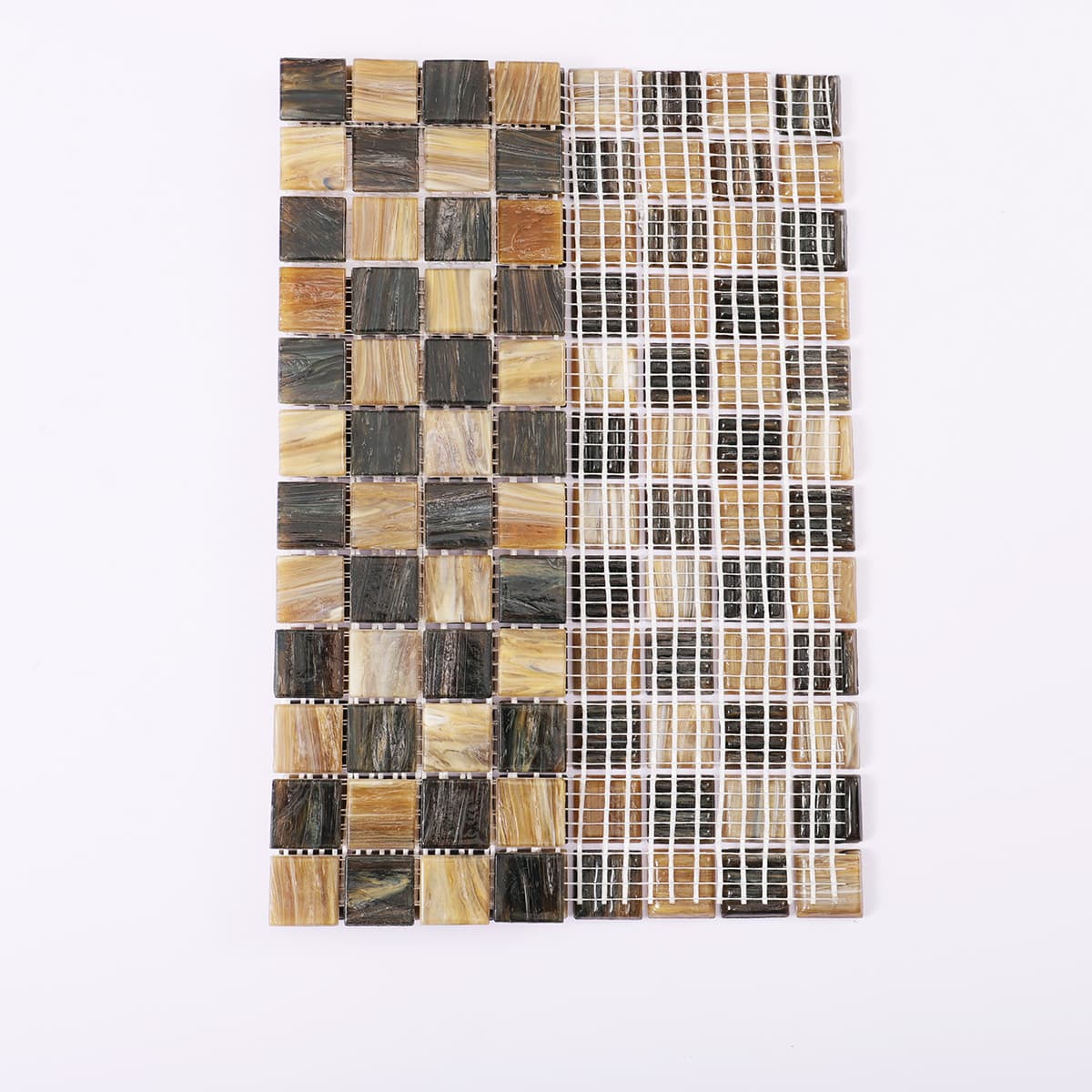 Front and back view of brown checkered glass mosaic tile with mesh backing