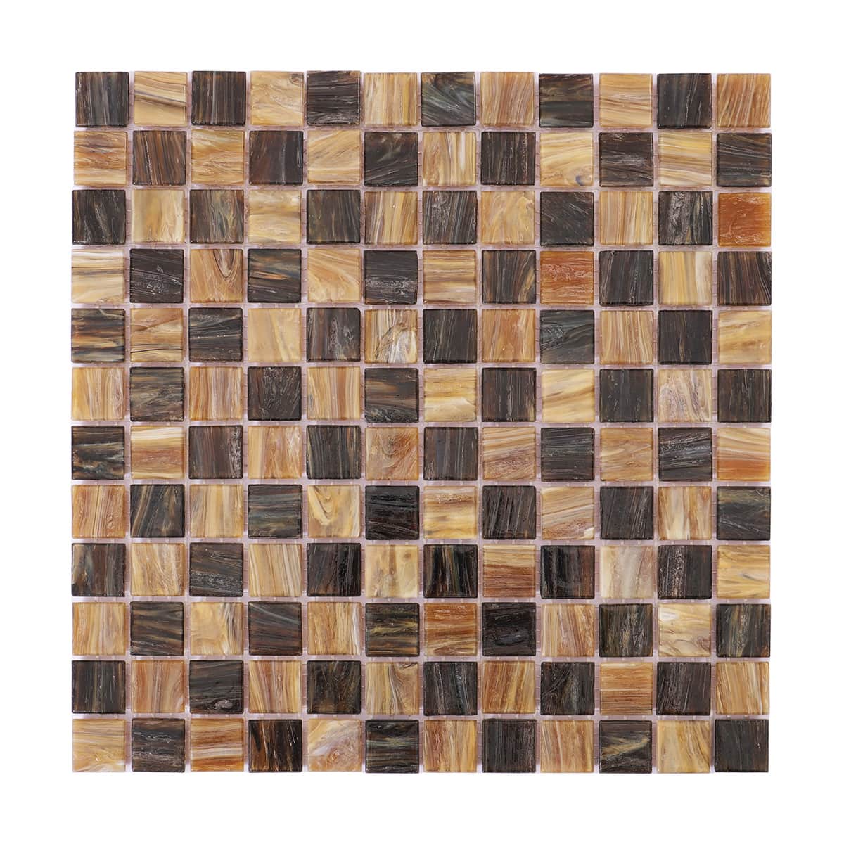 Full front view of brown checkered glass mosaic tile