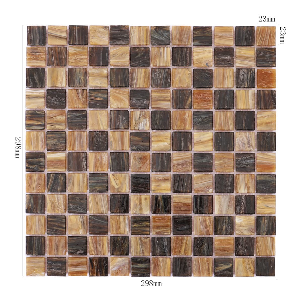 Full sheet of brown checkered glass mosaic tile with size labels