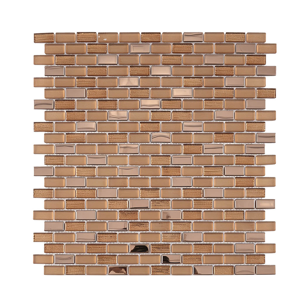 Brown copper rectangular glass mosaic tile sheet in staggered brick pattern