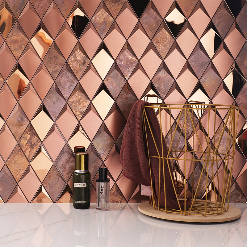 Rhombus tile mix of brushed and mirror brown copper finish