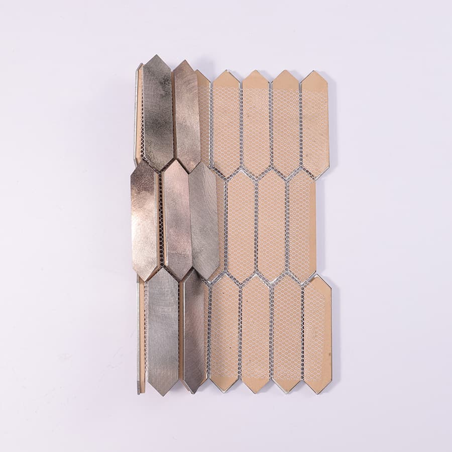 Backside view of brown grey picket aluminum mosaic metal tile sheet