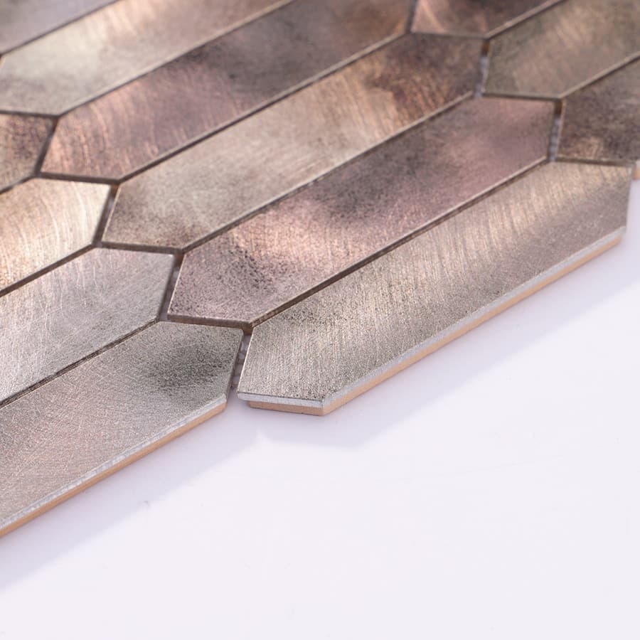 Close-up of brown grey picket aluminum mosaic metal tile edge details