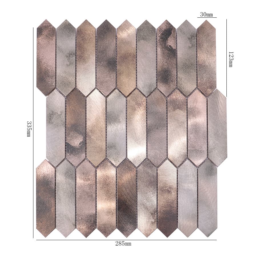 Brown grey picket aluminum mosaic metal tile sheet with size measurements