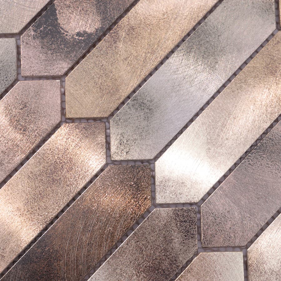 Close-up of brown grey picket aluminum mosaic metal tile surface details