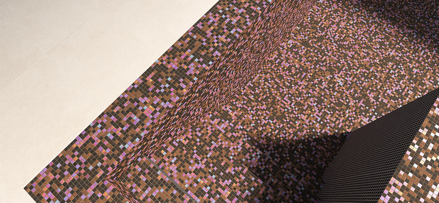 Brown iridescent small glass mosaic tiles covering luxury swimming pool