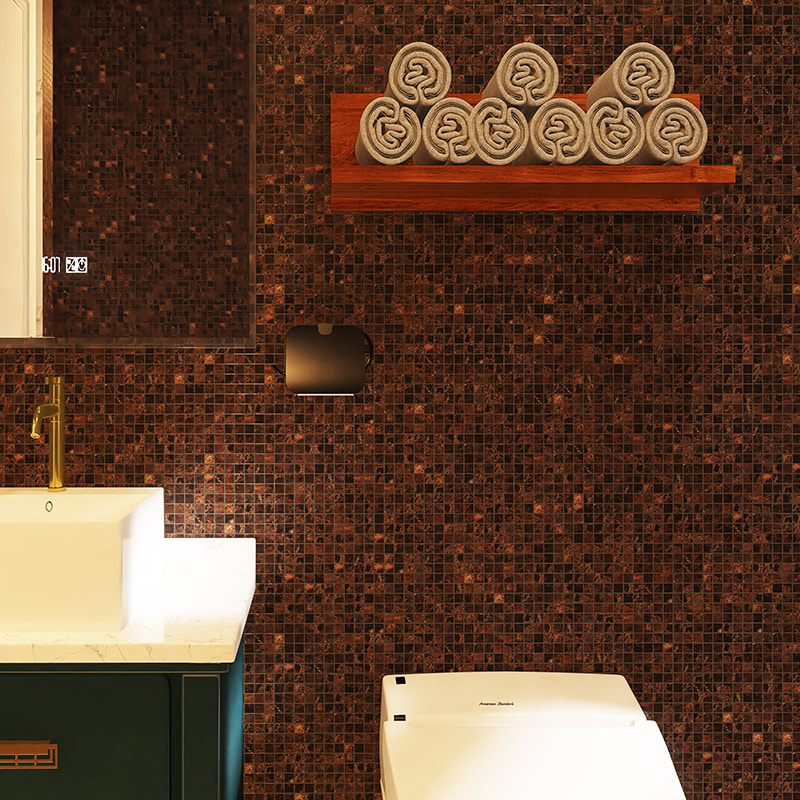 Dark Emperador brown marble mosaic tile used on a luxury bathroom wall