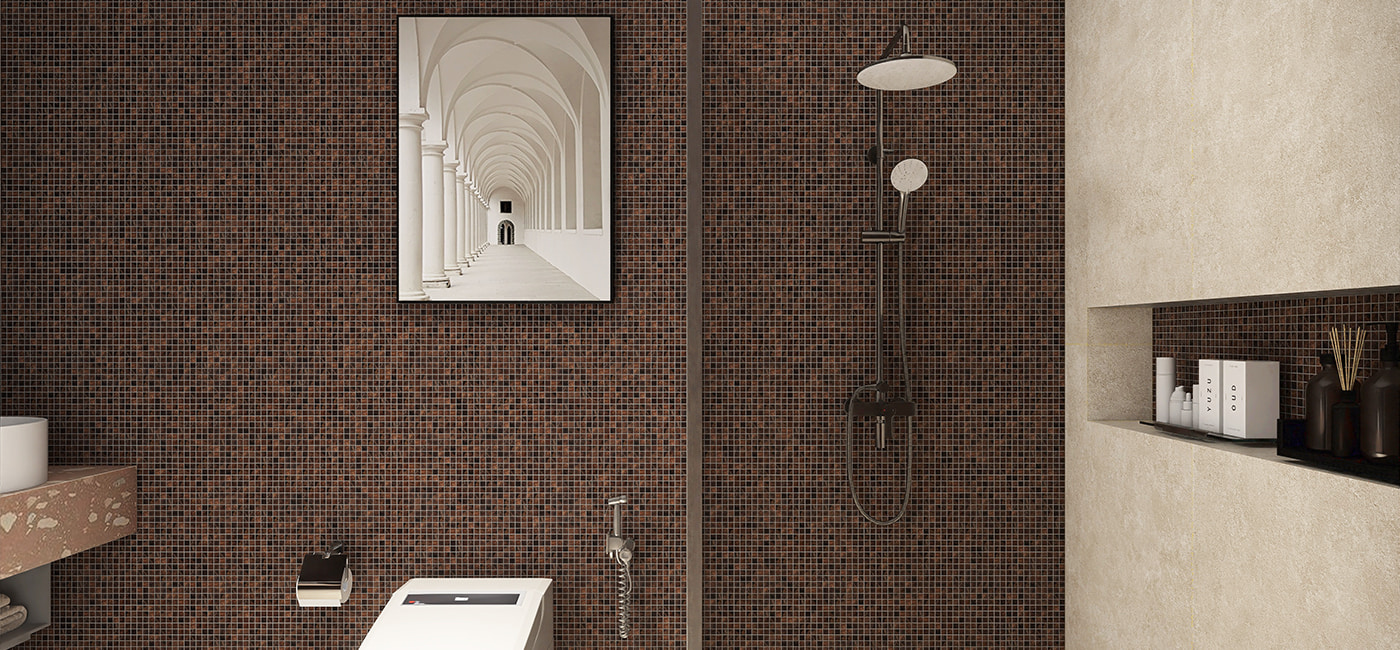 Full bathroom wall covered in brown mosaic tile with built-in shelf
