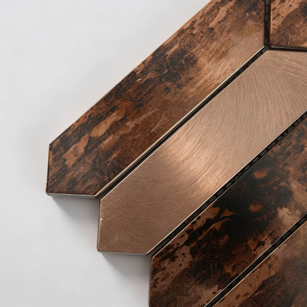 Close-up of brown picket aluminum tile with vintage brushed and weathered finishes