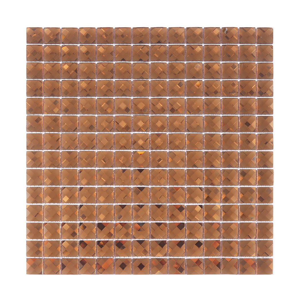 Full sheet of brown square faceted glass mosaic tile on a white background.