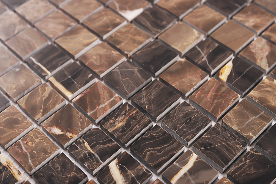Brown square marble mosaic tiles with natural stone veining
