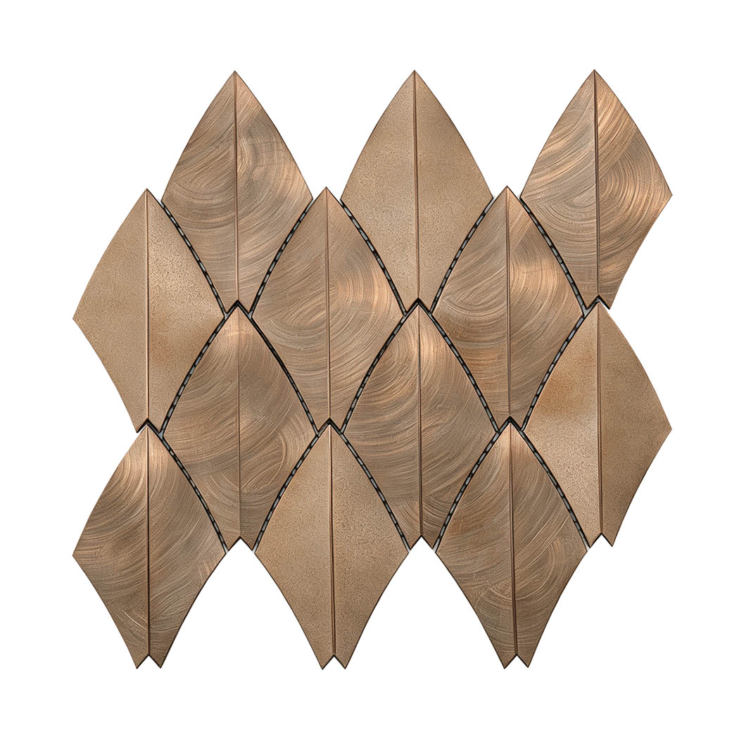 Front view of brushed antique copper leaf shape aluminum mosaic sheet