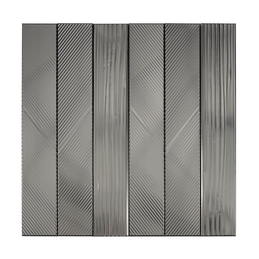 Full sheet of brushed black stainless steel vertical mosaic tiles with striped texture