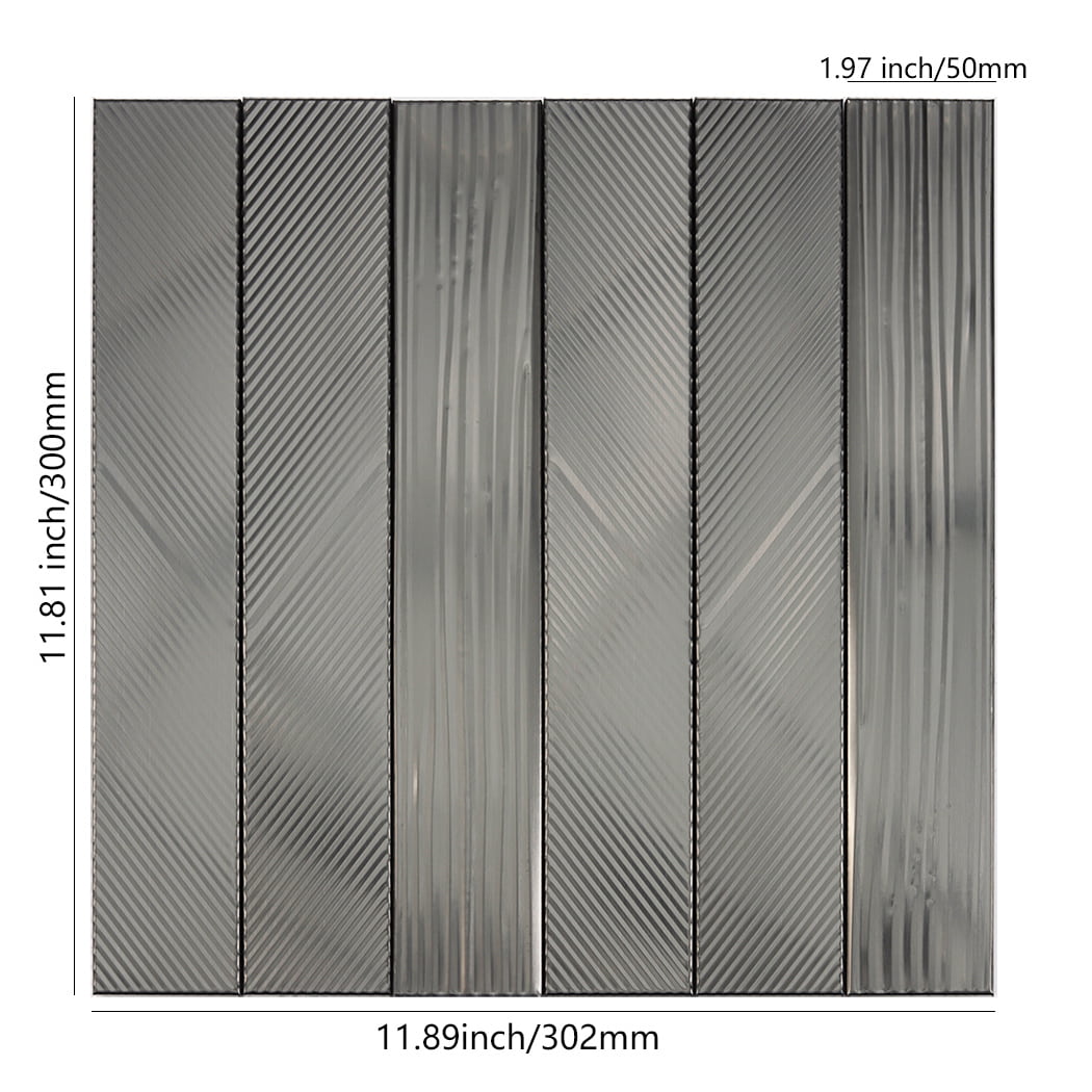 Brushed black stainless steel vertical tile sheet with grooved texture and size guide