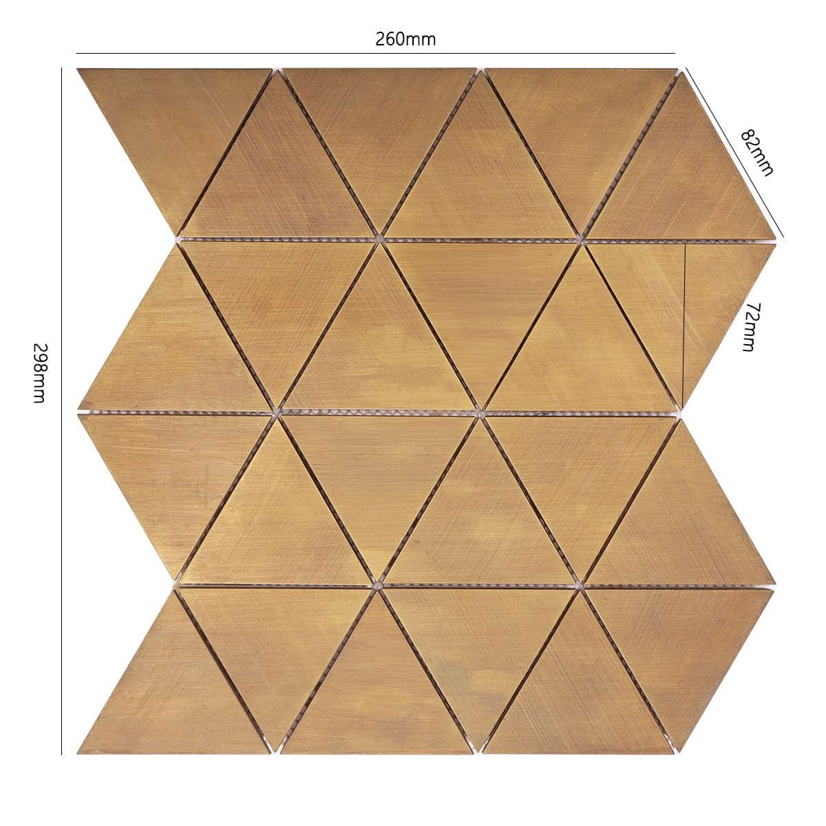 Triangle brass tile sheet with measurements and angle view