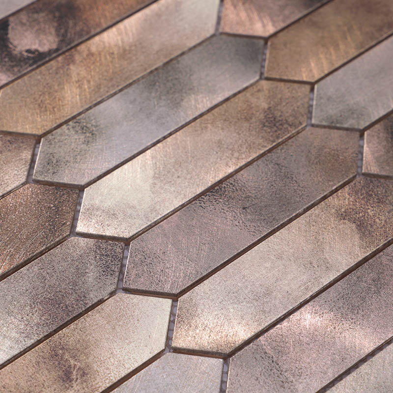 Elongated bronze picket fence mosaic tiles featuring a textured, vintage metal surface.