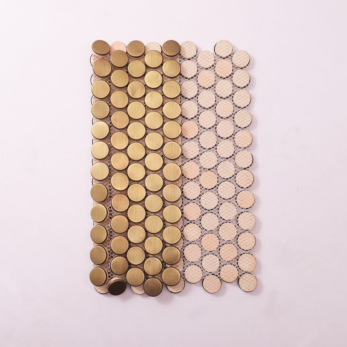  Brushed gold round mosaic tiles arranged in a half-and-half pattern