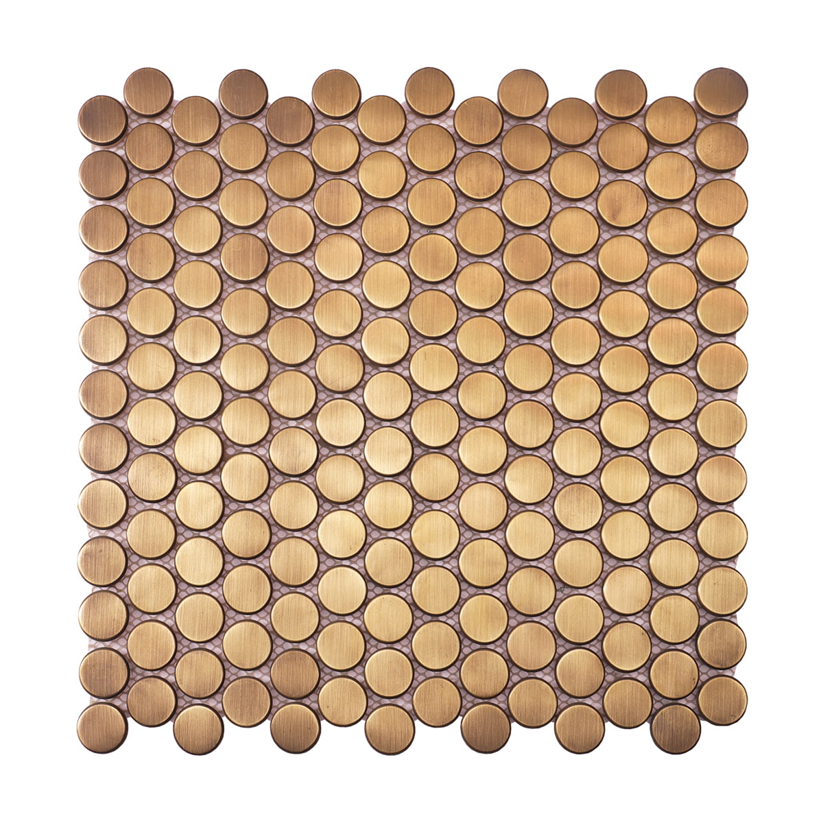 Brushed gold round mosaic tiles with a sleek, uniform pattern