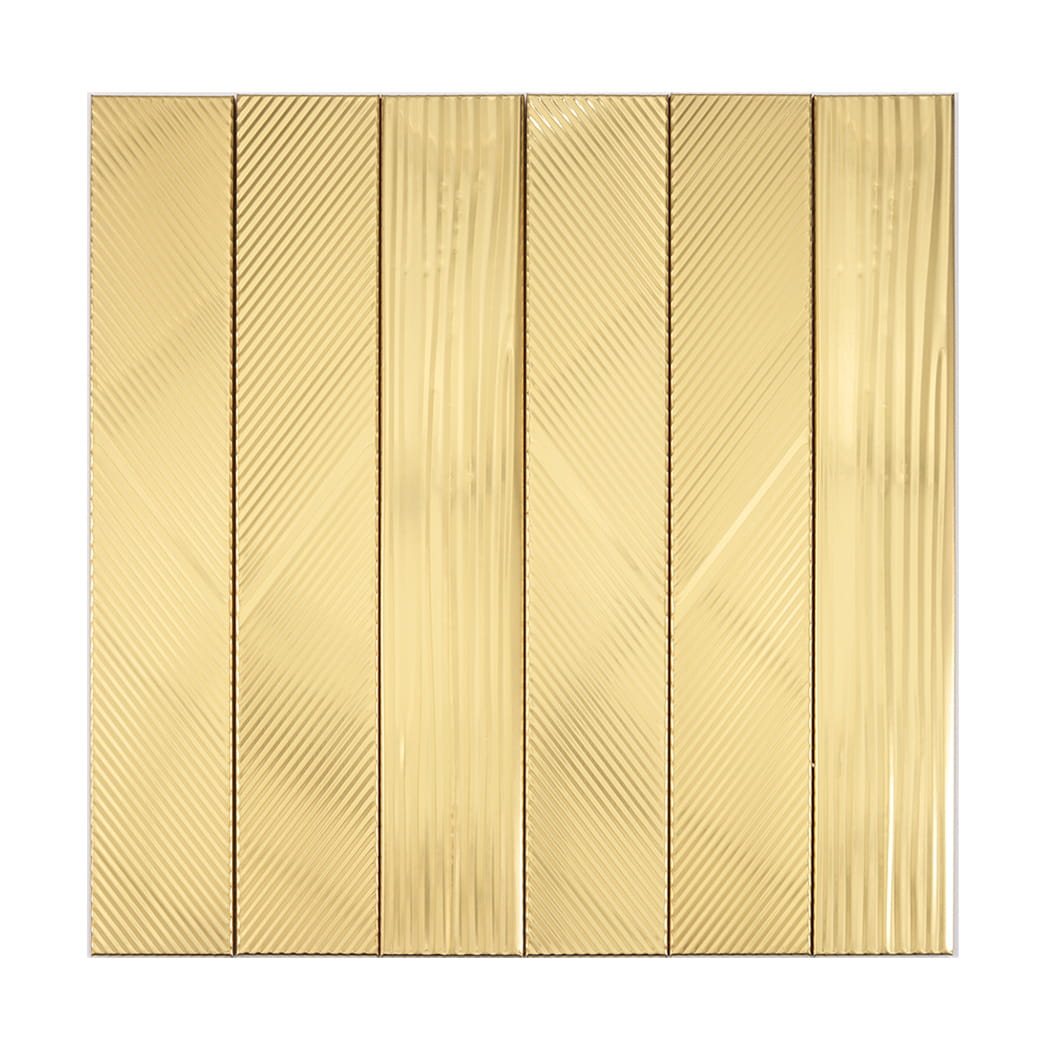 Full sheet of brushed gold stainless steel vertical mosaic tiles with striped grooves