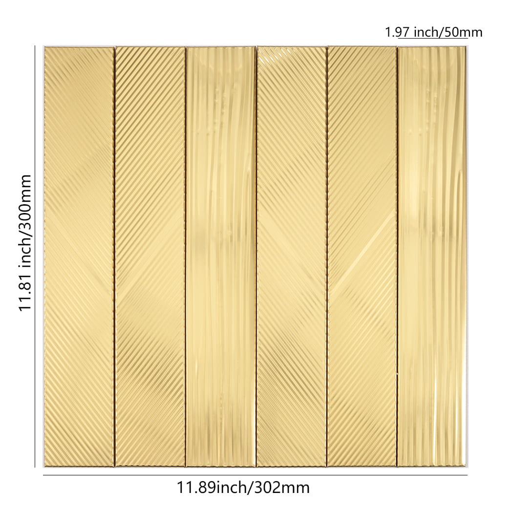 Brushed gold stainless steel vertical tile sheet with linear grooves and size guide