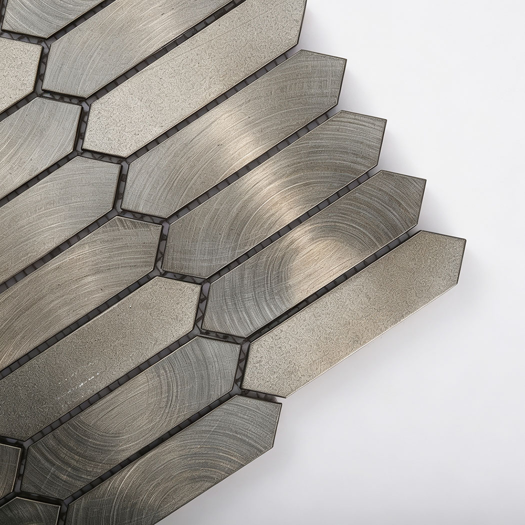 Close up showing corner layout of nickel elongated picket tile