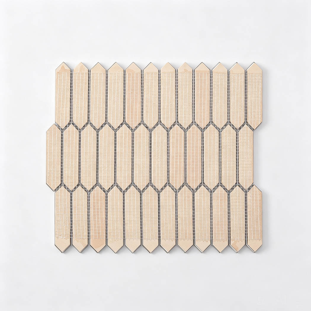 Back mesh grid backing on brushed nickel elongated picket tile