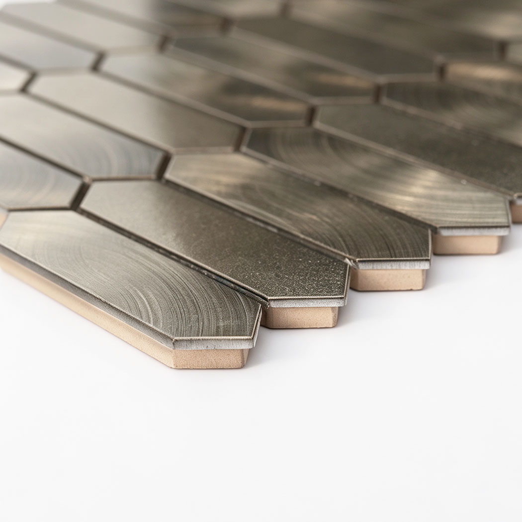 Low angle showing edge thickness of nickel elongated picket tile