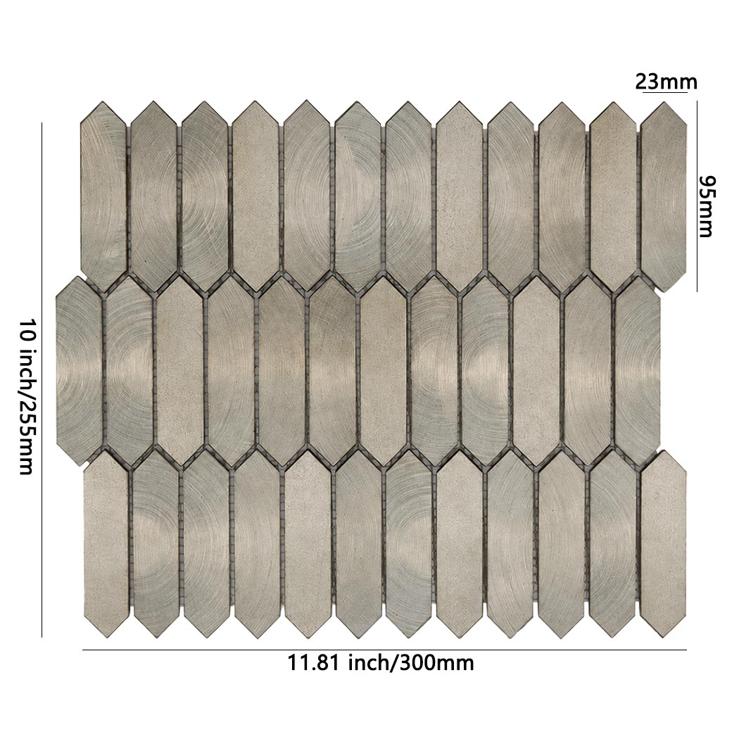 Dimension specs for brushed nickel elongated picket mosaic sheet