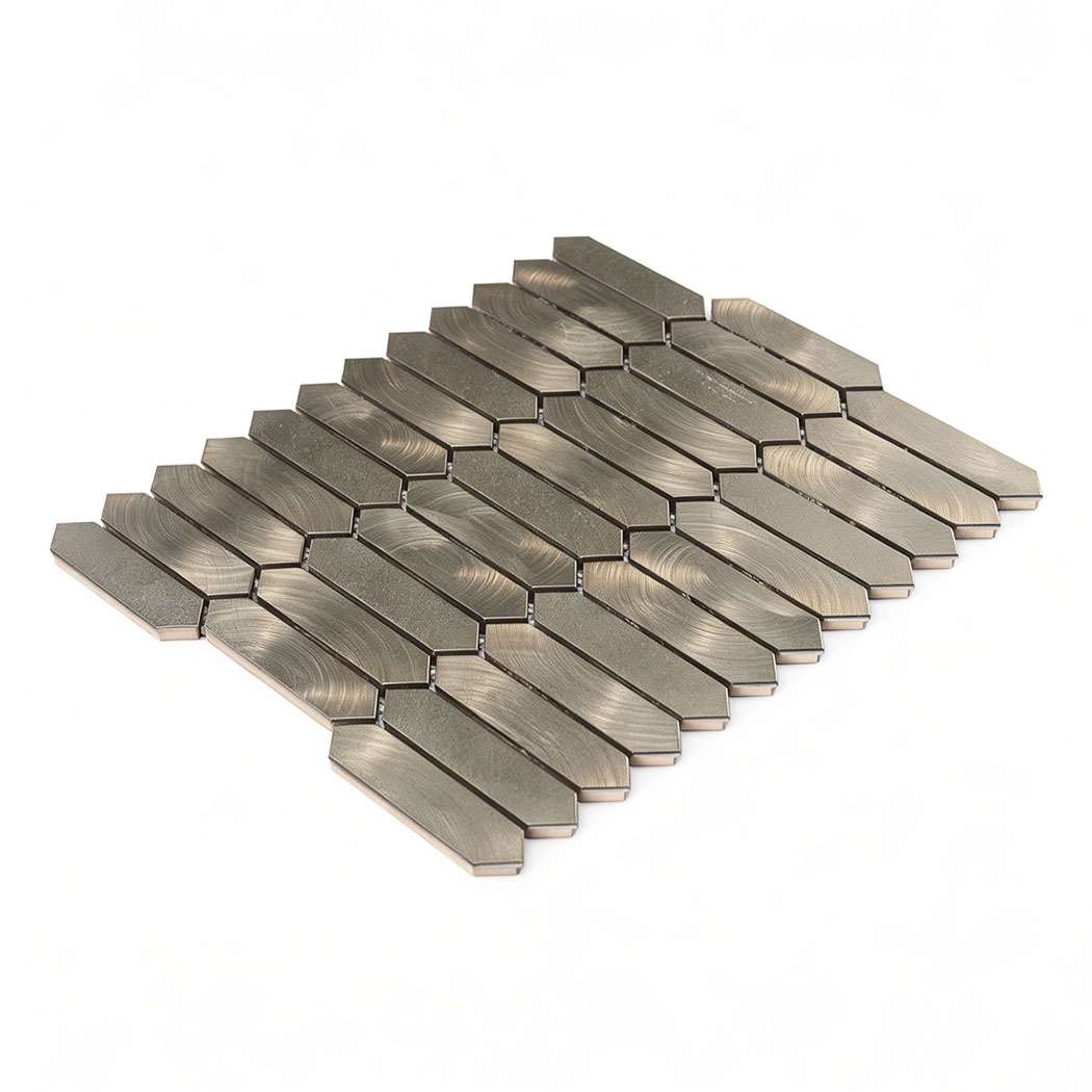 Perspective studio display of brushed nickel picket mosaic sheet