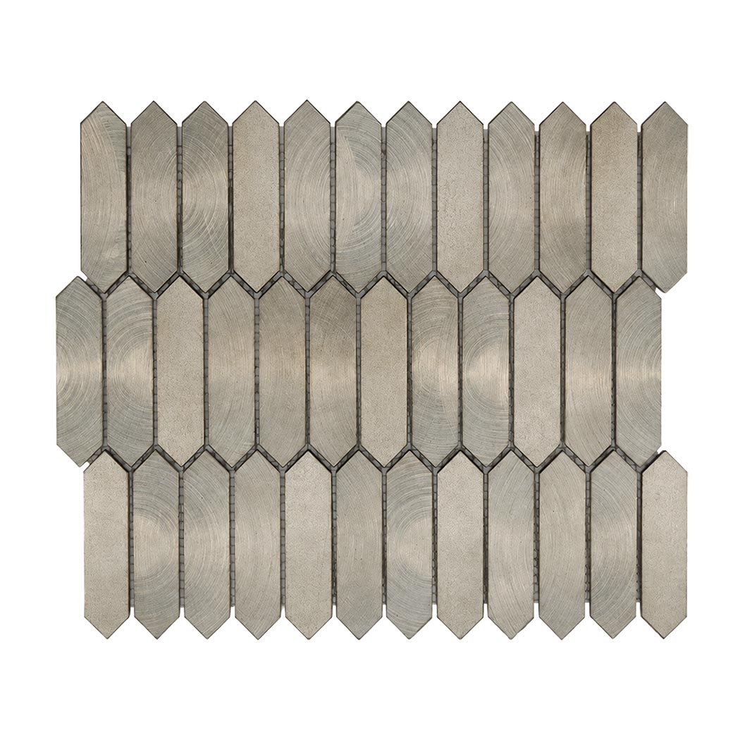 Overhead flat view of brushed nickel elongated picket mosaic